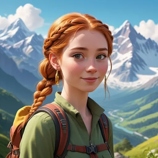 Prompt: Disney style girl with thin ginger hair in an updo braids, vibrant colors, sunny, gold jewelry, trekking