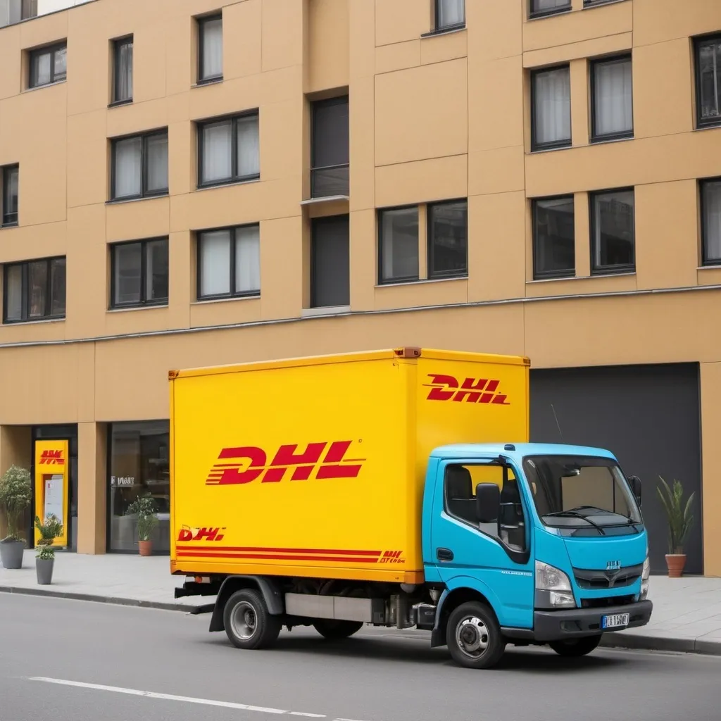 Prompt: Un diseño promocional colorido con la frase 'dale color a tu envío y gana un descuento del 10%!' en fondo alegre con elementos de envío como cajas y camiones de DHL 