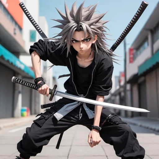 Prompt: Anime boy with 2 katanas in an action pose wearing streetwear and long spiky hair 