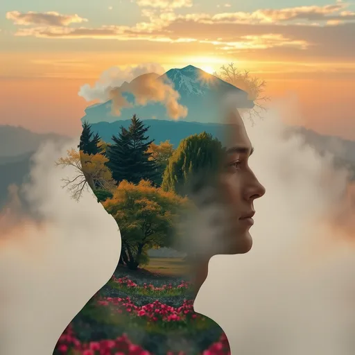 Prompt: Double Exposure Human-Nature, trees, flowers, mountain, sunset, nature mind, expressive creative art, surrealistic concept art, ethereal landscape in a cloud of magic coming out the top of a human head, incredible details, high-quality, flawless composition, masterpiece, highly detailed, photorealistic, 8k sharp focus quality surroundings