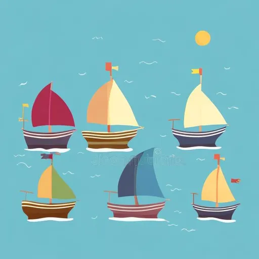 Prompt: three ships on the ocean different colours and sizes. Children illustration style