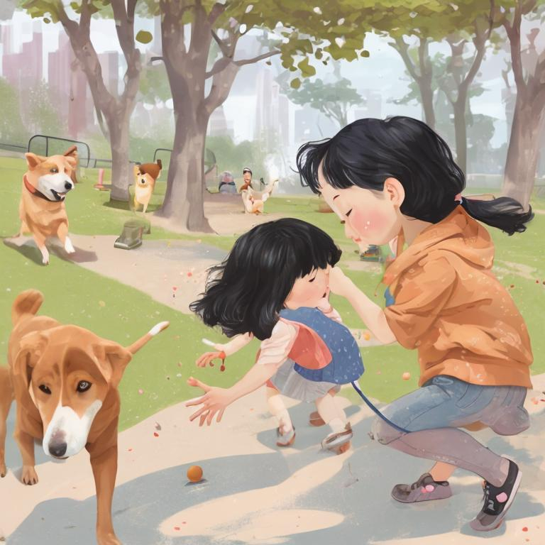 Prompt: Girl and dog playing together in a park using the same illustration design 