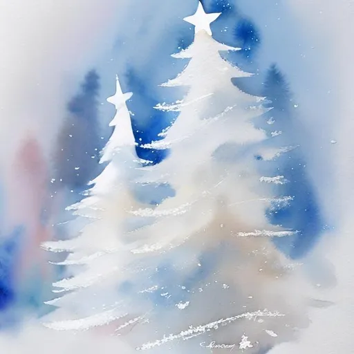 Prompt: Watercolor painting of a white Christmas tree, delicate and airy brushstrokes, serene winter scene, subtle one blue heart ornament, soft and gentle colors, high quality, detailed brushwork, watercolor, winter, serene, delicate brushstrokes, subtle blue, heart ornament, soft colors, peaceful, artistic