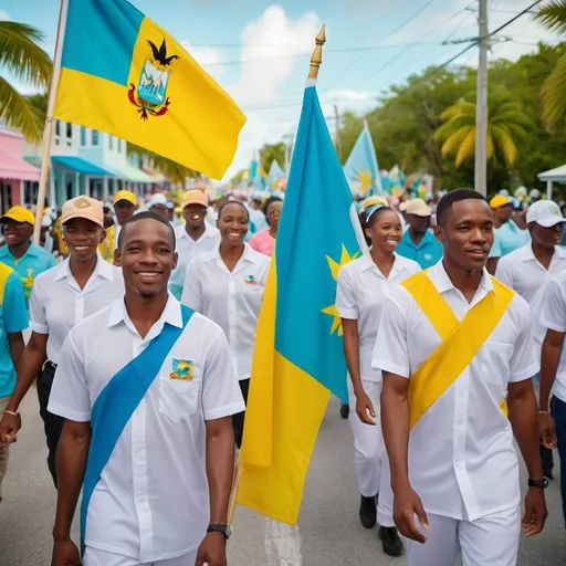 Prompt: Ethereal photo of Bahamians marching up a street, waving Bahamian Flags, soft-focus ethereal lighting, dreamy atmosphere, vibrant colors, high quality, photography, cultural celebration, peaceful ambiance, community pride, unity, Bahamian flags, parade, soft and dreamy, vibrant and colorful, cultural diversity, traditional clothing, joyful expressions, community spirit