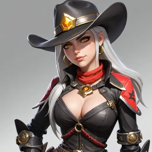 Prompt: Can you show me ashe from overwatch 
Can you make her look like a cowboy outfit 
Make her look more like the games can you make her colour scheme black white and red with gold bits
Ok can you put handcuffs on her hands 