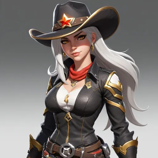 Prompt: Can you show me ashe from overwatch 
Can you make her look like a cowboy outfit 
Make her look more like the games can you make her colour scheme black white and red with gold bits