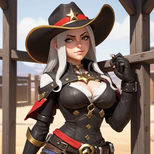 Prompt: Can you show me ashe from overwatch 
Can you make her look like a cowboy outfit 
Make her look more like the games can you make her colour scheme black white and red with gold bits
Ok can you put handcuffs on her hands 
Now can you put her behind bars as she holds them and make it that you’re at the PoV outside the cell