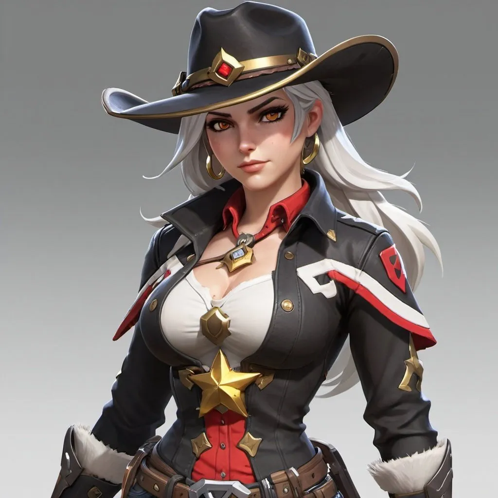 Prompt: Can you show me ashe from overwatch 
Can you make her look like a cowboy outfit 
Make her look more like the games can you make her colour scheme black white and red with gold bits