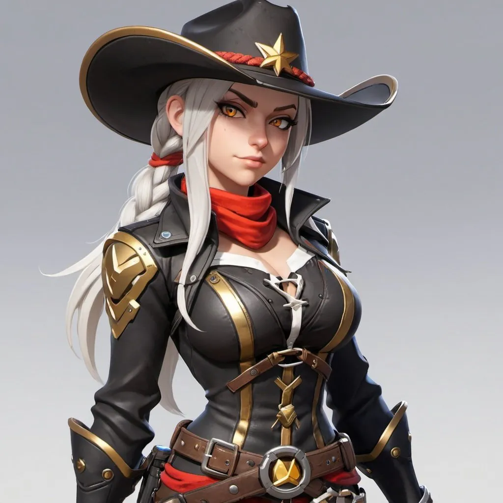 Prompt: Can you show me ashe from overwatch 
Can you make her look like a cowboy outfit 
Make her look more like the games can you make her colour scheme black white and red with gold bits
Ok can you tied her up with a rope 