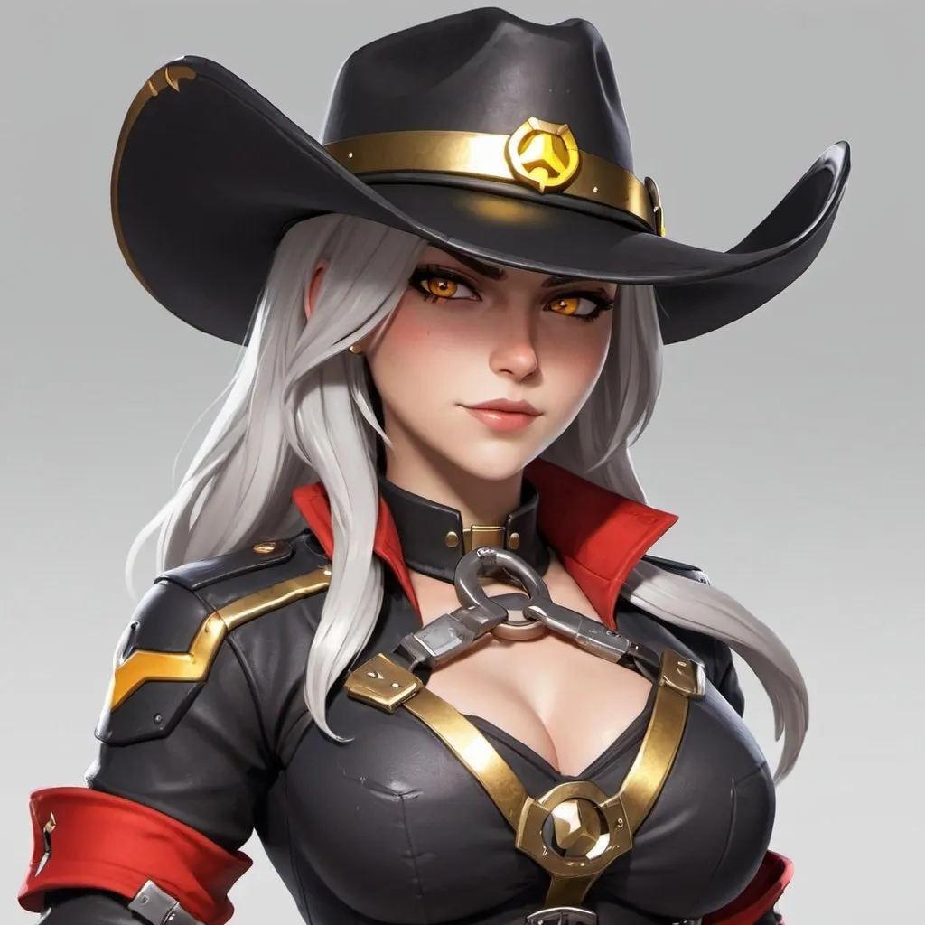 Prompt: Can you show me ashe from overwatch 
Can you make her look like a cowboy outfit 
Make her look more like the games can you make her colour scheme black white and red with gold bits
Ok can you put handcuffs on her hands 
Now can you put her behind bars as she holds them and make it that you’re at the PoV outside the cell