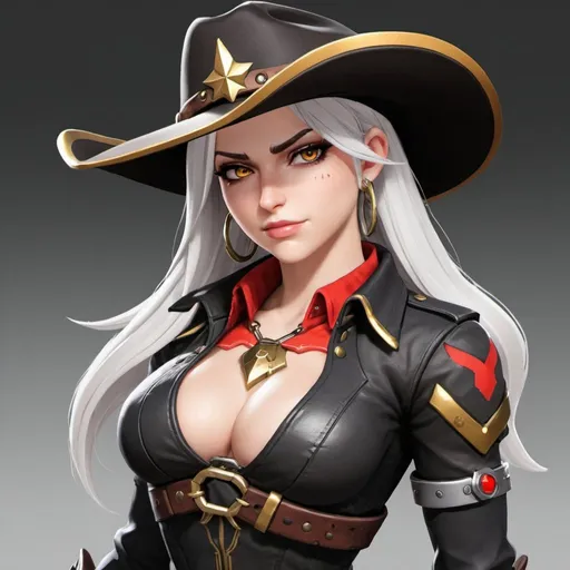 Prompt: Can you show me ashe from overwatch 
Can you make her look like a cowboy outfit 
Make her look more like the games can you make her colour scheme black white and red with gold bits
Ok can you put handcuffs on her hands 
