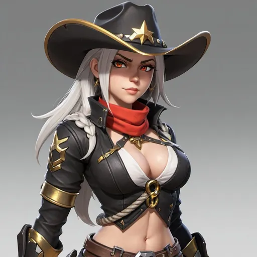 Prompt: Can you show me ashe from overwatch 
Can you make her look like a cowboy outfit 
Make her look more like the games can you make her colour scheme black white and red with gold bits
Ok can you tied her up with a rope 