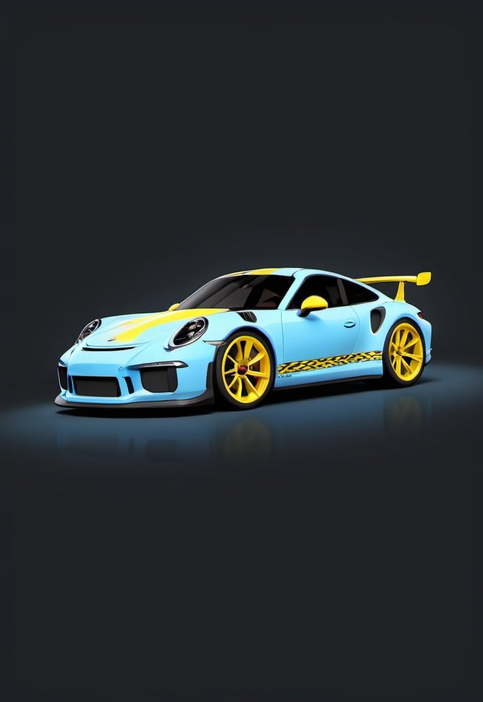 Prompt: generate me a porsche 911 gt3 with yellow colour photo into a whimsical cartoon wonderland! Bring your imagination to life as you guide the AI to recreate your picture with a delightful cartoon style. Whether it's a beloved pet, a scenic landscape, or a cherished moment, let the AI infuse it with charm and playfulness. Unleash your creativity and embark on a fun and simple journey to see your world through a cartoon lens!"
make it more 2d make it less bulk
make a backdrop background with 2 gradient colour make the background a bit darker