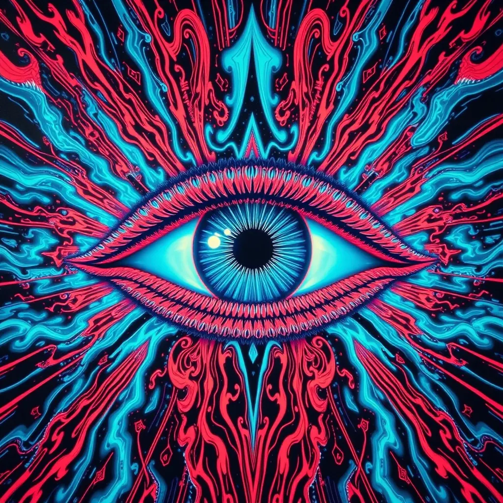 Prompt: **The omnipotent, all seeing eye of Providence in the style of elecrtic coral and glowing azure, psychedelic, in the style of Rat Fink , surrealism, maximalist