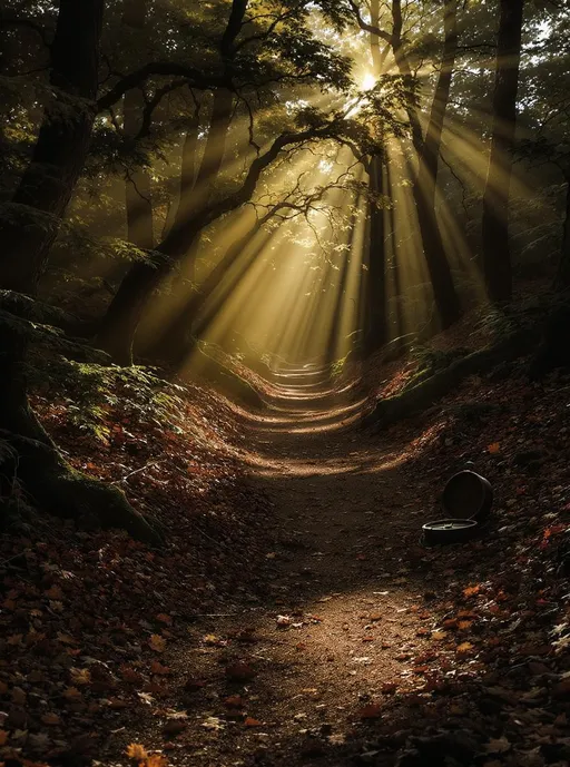Prompt: A forked forest path in late afternoon, dry leaves crunch underfoot. Long shadows stretch across the trail. A rusted compass peeks out from the dirt.