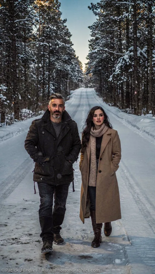 Prompt: “They walk down a long snowy road surrounded by dark trees.”