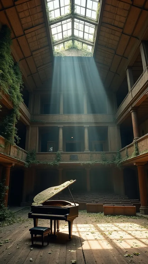 Prompt: Interior of an abandoned concert hall, wooden floorboards faded, ivy crawling up cracked walls. A grand piano sits onstage covered in dust and fallen leaves. Beams of light shine down from broken skylight windows.”
