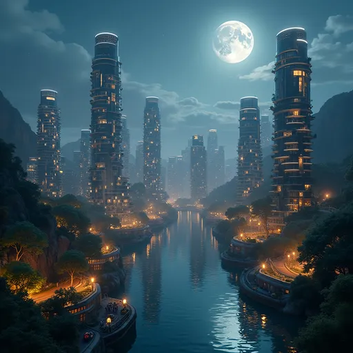 Prompt: A future sustainable ultrarealistic city of Beautifully designed High rises surrounded by water surfaces, green areas and glowing lights. The city is glowing at night under a shinny moonlight