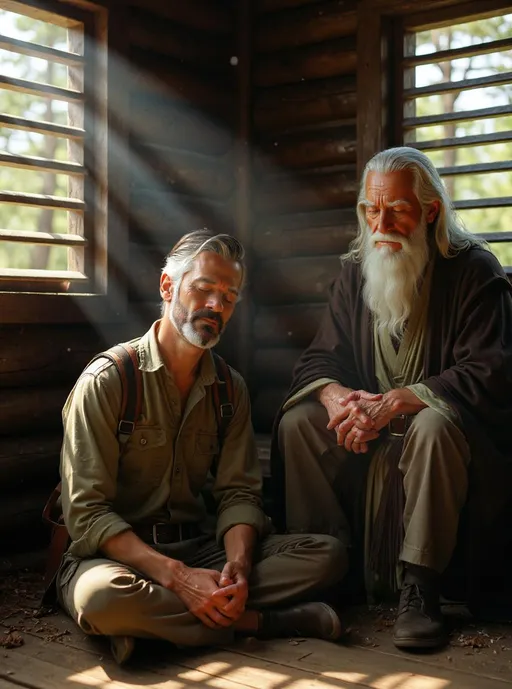 Prompt: “Inside a simple wooden cabin, beams of sunlight through slatted windows. Dust floating in the light. Ethan sitting cross-legged on the floor, eyes closed. The elderly Wise Man sits nearby in silence.”