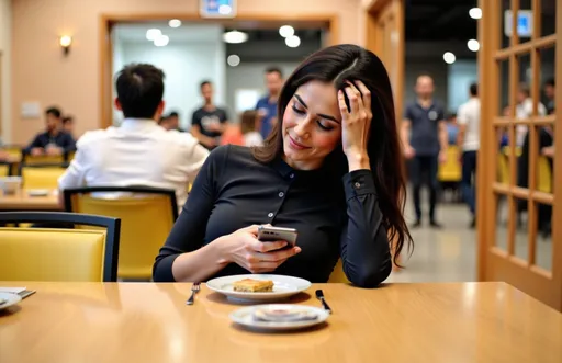Prompt: @SG3TpxgP8A7lE5ttSliu is frustrated. Sitting in a crowded cafe, laying back on the chair and looking slightly to the right.