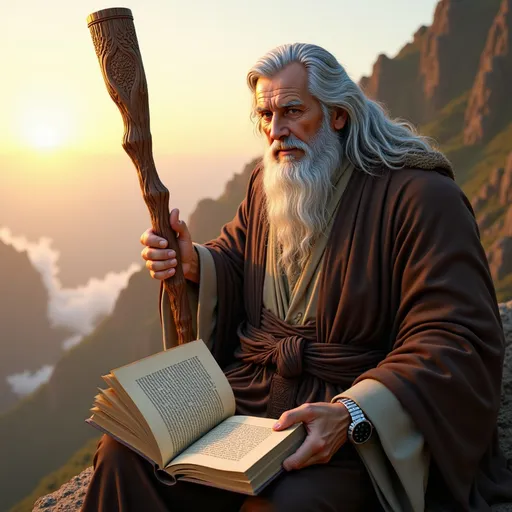 Prompt: A cinematic scene of @D6xrjj8o6fUA55cITcRZ sitting on the edge of a cliff at dawn, holding an open book in his lap. The pages glow faintly with golden light. Behind him, an elderly @ppwtIOR9UlMALxLZN6jg  in a long robe stands with a gentle smile, as if encouraging him to keep reading. Mist rises from the valley below, and sunlight begins to pierce the fog. The atmosphere is emotional, symbolic of growth and renewal. Include soft depth of field, lens flare from the sun, emotional storytelling mood, 4K cinematic realism. 