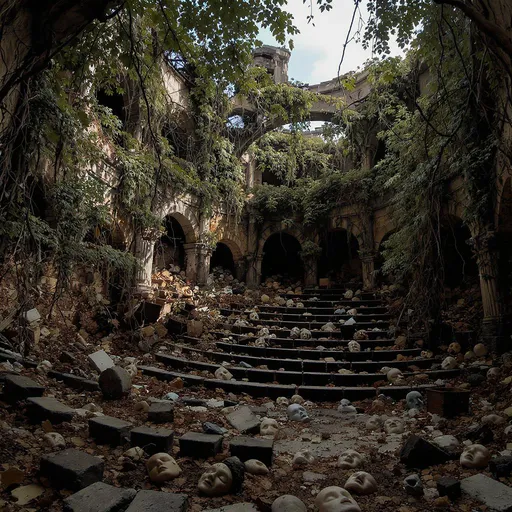 Prompt: Abandoned amphitheater overtaken by vines, broken props, and scattered masks, cinematic realism