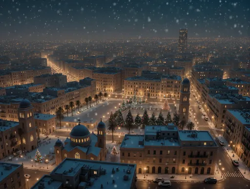 Prompt: Beirut city in winter at night, soft snowfall, warm lights, cinematic aerial view, peaceful Christmas atmosphere