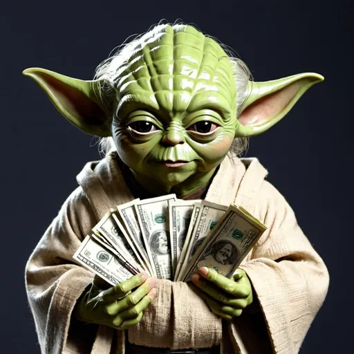 Prompt: yoda holding money
