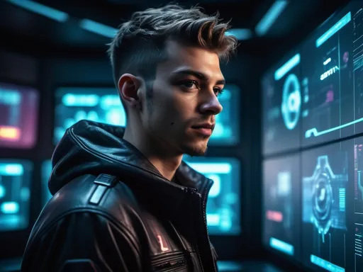 Prompt: young tech founder standing inside futuristic cyberpunk control room, holographic trust score interfaces glowing around him, cinematic lighting, ultra realistic, moody atmosphere, depth of field, highly detailed skin texture, volumetric lighting, realistic reflections, shot on sony a7siii, dramatic shadows