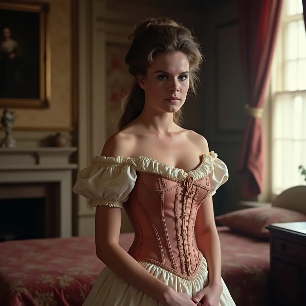 Prompt: wearing a breast-covering corset, in a fancy 19th century bedroom,