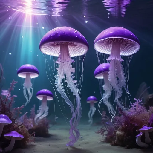 Prompt: under sea surreal purple mushrooms surrounded by jelly fish and it looks like soul of mushroom floating around