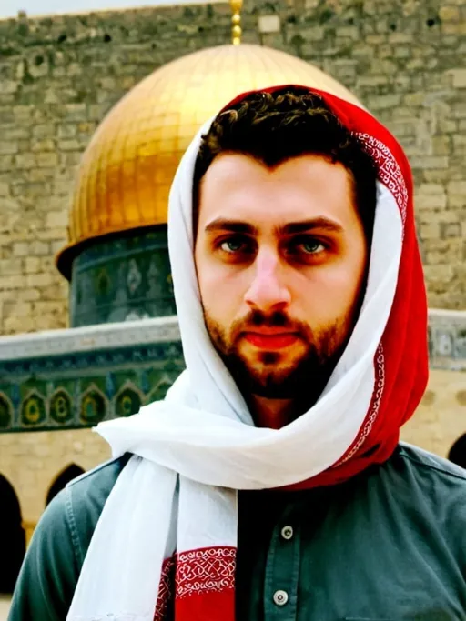 Prompt: A blonde young man standing and wearing red kufia or Shemagh arabic scarf, in his background appears the Dome of the Rock mosque and the surrounding places