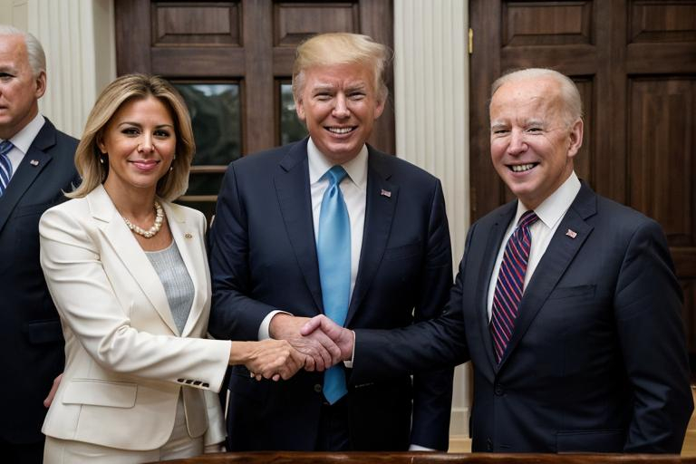 Prompt: Donald Trump and Joe Biden giving money to wealthy oligarchs.