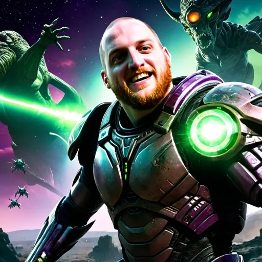 Prompt: An epic sci-fi battle scene featuring a heroic human warrior (me) fighting against a horde of alien creatures on a vibrant alien planet. The warrior is wearing futuristic armor, wielding a glowing energy sword and a plasma rifle, standing triumphantly on a rocky, otherworldly terrain. The aliens are diverse, with glowing eyes, sharp claws, and biomechanical designs, some flying and others charging. The background features a massive alien sun, glowing purple and green skies, towering crystalline structures, and spaceships exploding in the distance. The scene is dynamic, with intense action, glowing energy effects, and a cinematic atmosphere