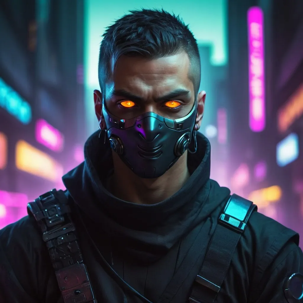 Prompt: Cyberpunk ninja-man, glowing eyes, lot of colours, portrait, cyberpunk city background