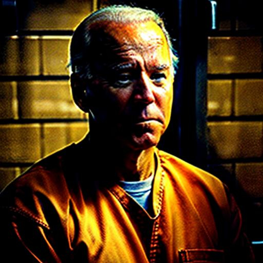 Prompt: Realistic depiction of Joe Biden in a jail cell, somber expression, worn orange jumpsuit,  high quality, realistic, detailed facial features, prison setting, natural lighting, serious tone