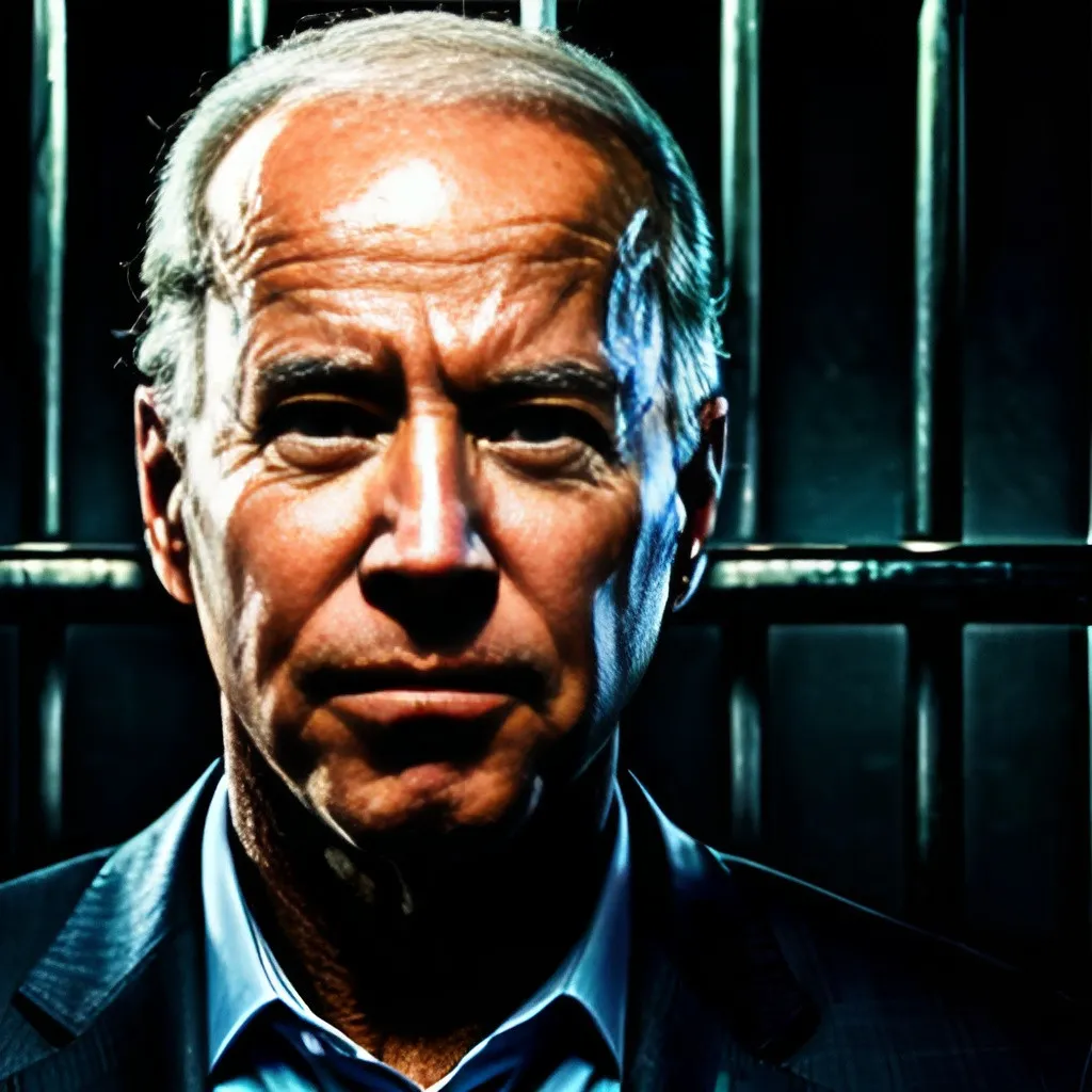 Prompt: Joe Biden behind prison bars, digital illustration, realistic, somber mood, high quality, detailed prison bars, presidential suit, serious expression, dramatic lighting, intense gaze, focused details, professional, realistic, presidential, dramatic lighting