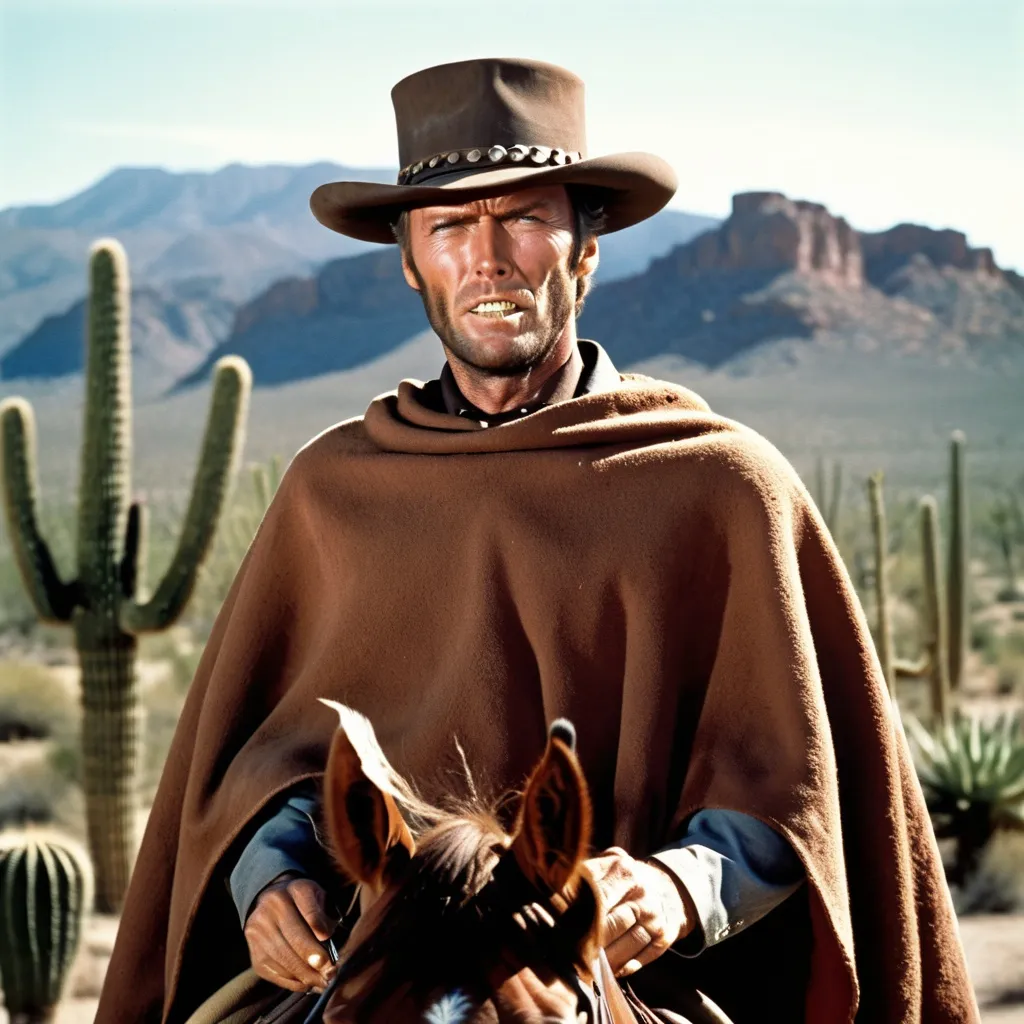 Prompt: Clint Eastwood in 'The Good, the Bad and the Ugly' on a horse, brown horse, wearing a brown poncho, with a cigarillo in his mouth, charismatic expression, desert landscape with cacti, high quality, detailed, cinematic, western, rugged, intense lighting, warm tones, iconic character