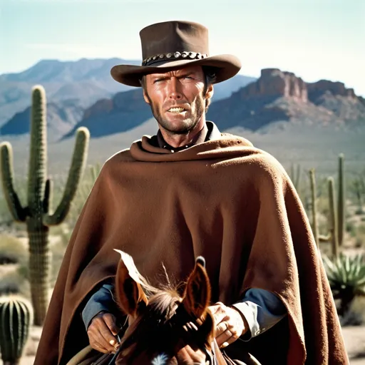 Prompt: Clint Eastwood in 'The Good, the Bad and the Ugly' on a horse, brown horse, wearing a brown poncho, with a cigarillo in his mouth, charismatic expression, desert landscape with cacti, high quality, detailed, cinematic, western, rugged, intense lighting, warm tones, iconic character