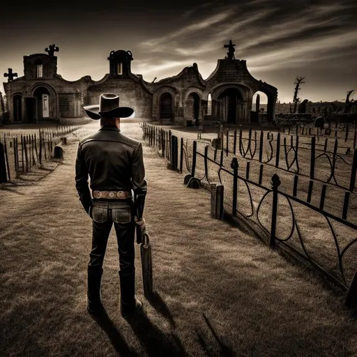 Prompt: cowboy standing in a graveyard, specter, anatomically correct, blood moon, wild west, dark nite, evil lurking in the grave yard, demons ahead of him
