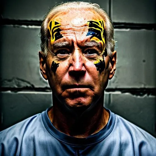 Prompt: Realistic depiction of Joe Biden in a jail cell, somber expression, worn orange jumpsuit,  high quality, realistic, detailed facial features, prison setting, natural lighting, serious tone