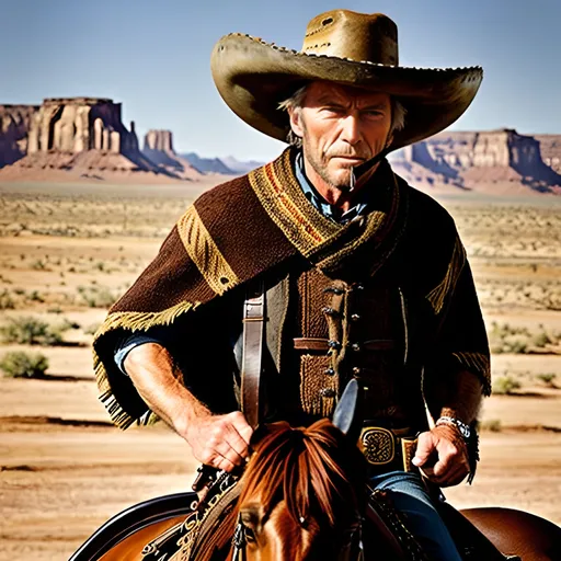 Prompt: Clint Eastwood in 'The Good, the Bad and the Ugly', iconic poncho, charismatic cowboy, riding on a majestic brown horse, rugged western landscape, dusty desert scene, intense and focused stare, classic cinematic quality, detailed facial features, iconic cigarillo in mouth,traditional western style, sepia tones, dramatic lighting, high quality, cinematic, iconic, detailed facial features, charismatic, rugged landscape, traditional western style, sepia tones, dramatic lighting