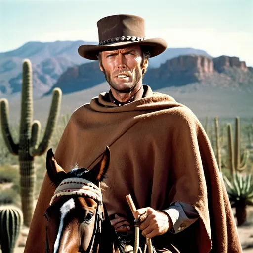 Prompt: Clint Eastwood in 'The Good, the Bad and the Ugly' on a horse, brown horse, wearing a brown poncho, with a cigarillo in his mouth, charismatic expression, desert landscape with cacti, high quality, detailed, cinematic, western, rugged, intense lighting, warm tones, iconic character