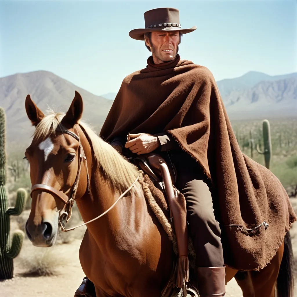 Prompt: Clint Eastwood in 'The Good, the Bad and the Ugly' on a horse, brown horse, wearing a brown poncho, with a cigarillo in his mouth, charismatic expression, desert landscape with cacti, high quality, detailed, cinematic, western, rugged, intense lighting, warm tones, iconic character