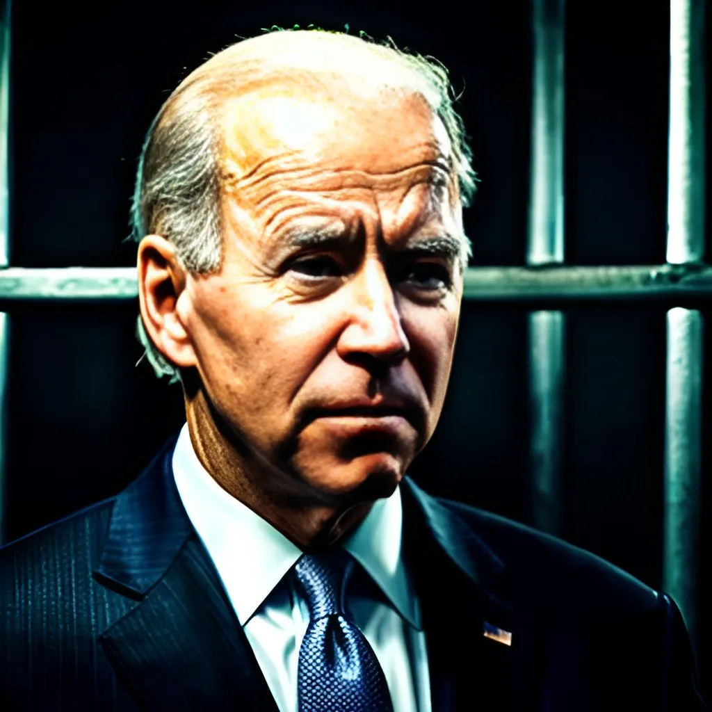 Prompt: Joe Biden behind prison bars, digital illustration, realistic, somber mood, high quality, detailed prison bars, presidential suit, serious expression, dramatic lighting, intense gaze, focused details, professional, realistic, presidential, dramatic lighting