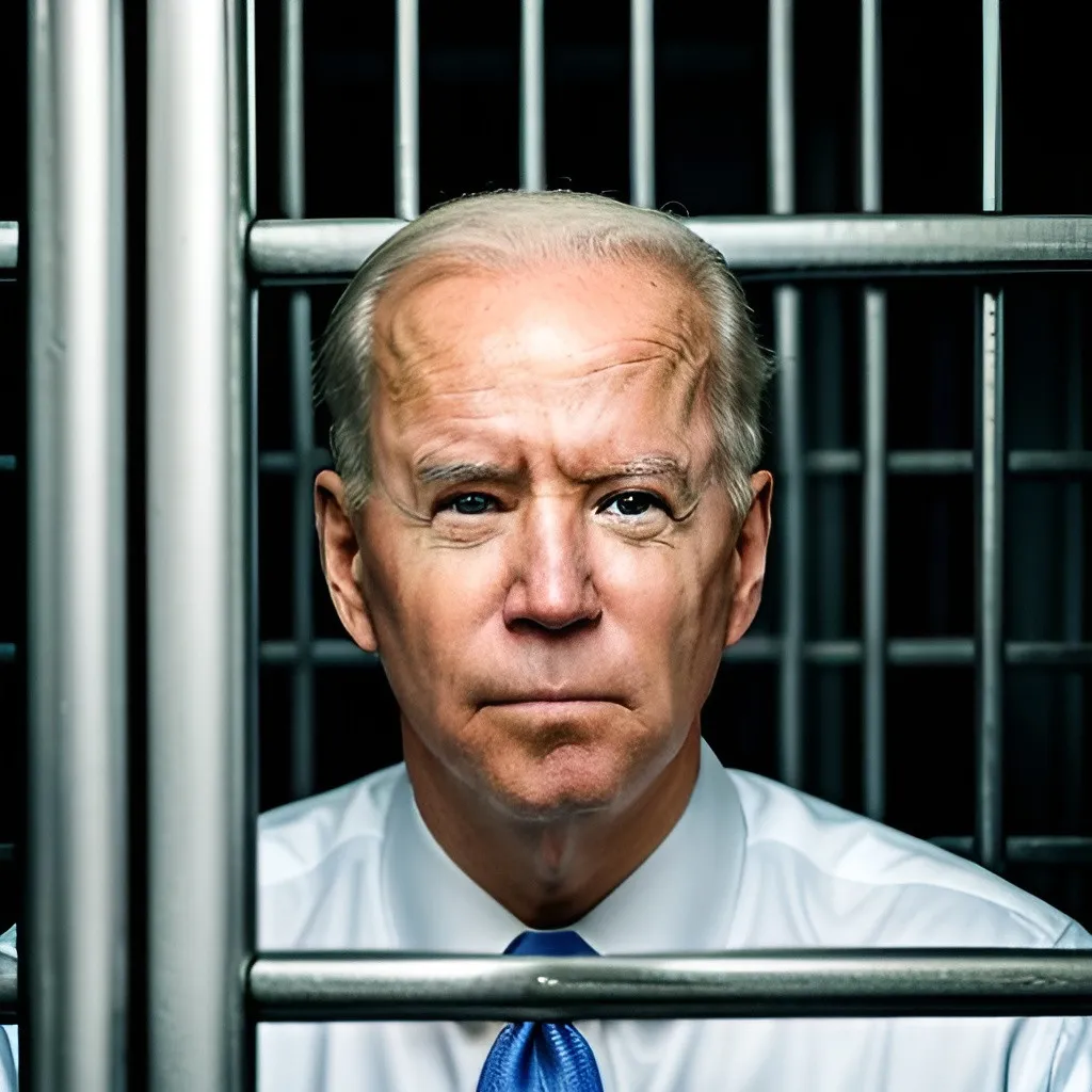 Prompt: Joe Biden looking through prison bars, digital illustration, realistic, high quality, detailed prison bars, presidential suit, serious expression, dramatic lighting, intense gaze, focused details, professional, realistic, presidential, dramatic lighting