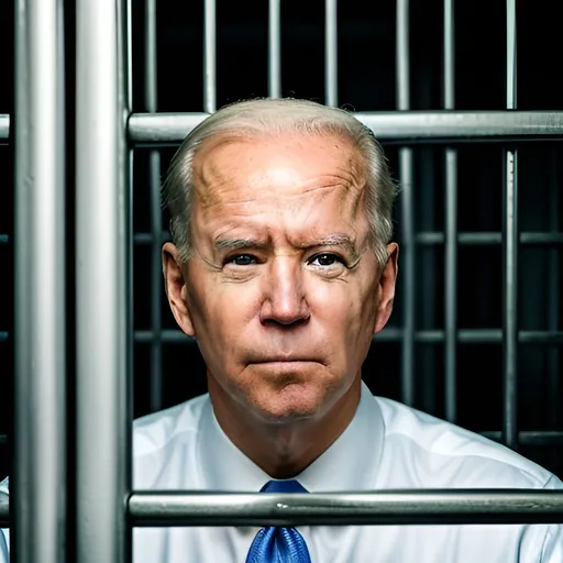 Prompt: Joe Biden looking through prison bars, digital illustration, realistic, high quality, detailed prison bars, presidential suit, serious expression, dramatic lighting, intense gaze, focused details, professional, realistic, presidential, dramatic lighting