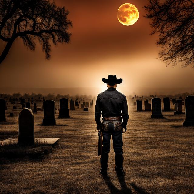 Prompt: cowboy standing in a graveyard, specter, anatomically correct, blood moon, wild west, dark nite, evil lurking in the grave yard, demons ahead of him