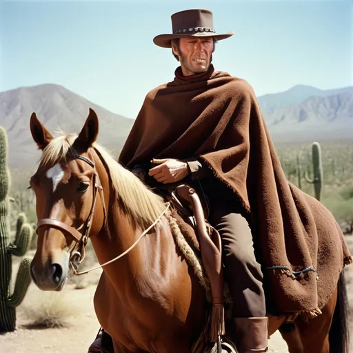 Prompt: Clint Eastwood in 'The Good, the Bad and the Ugly' on a horse, brown horse, wearing a brown poncho, with a cigarillo in his mouth, charismatic expression, desert landscape with cacti, high quality, detailed, cinematic, western, rugged, intense lighting, warm tones, iconic character