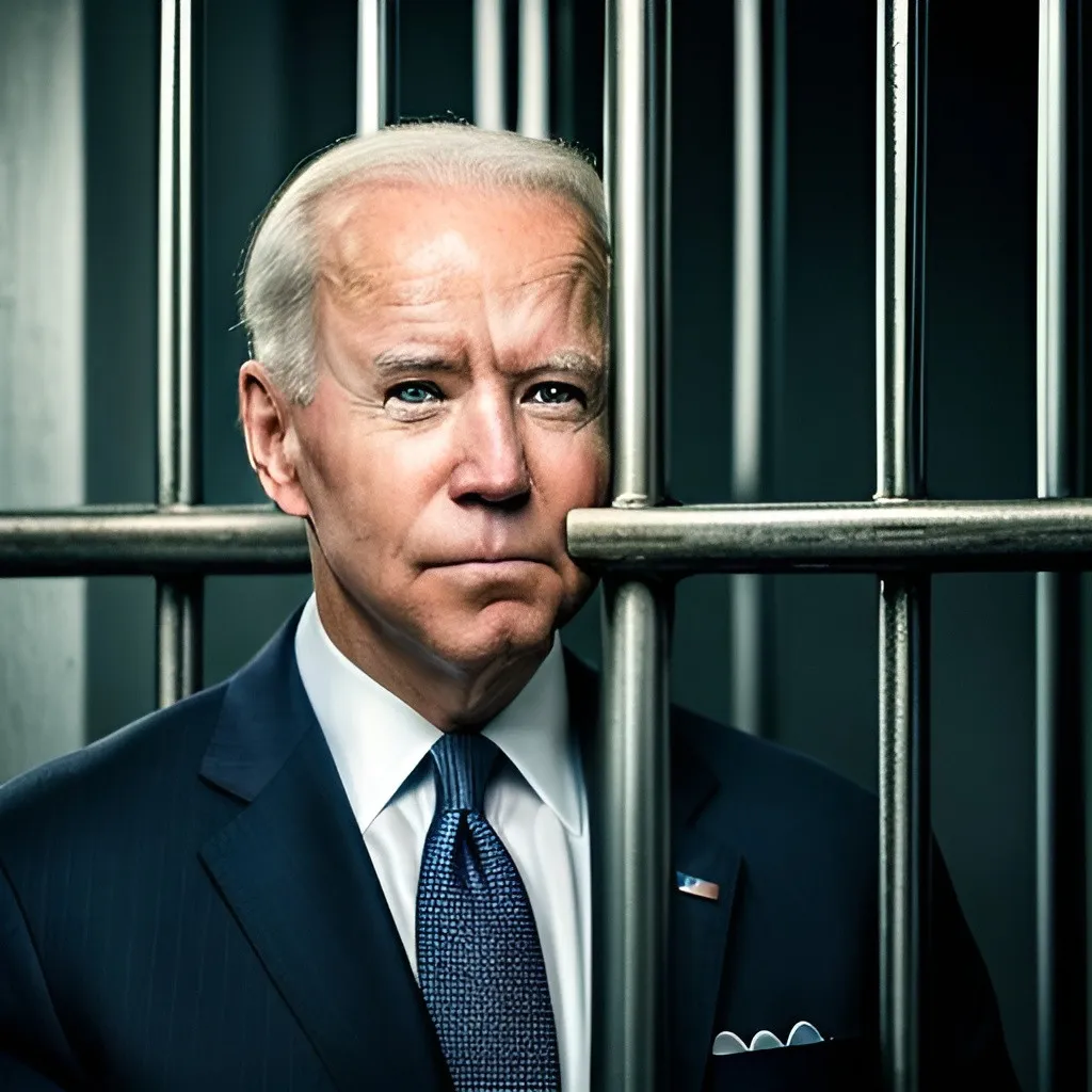 Prompt: Joe Biden looking through prison bars, digital illustration, realistic, high quality, detailed prison bars, presidential suit, serious expression, dramatic lighting, intense gaze, focused details, professional, realistic, presidential, dramatic lighting